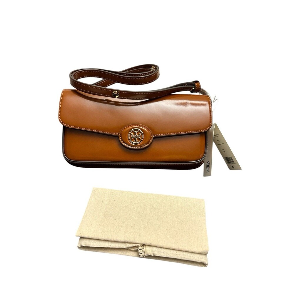 Tory Burch Robinson Spazzolato E/W Rectangular Shoulder Bag Dark Sienna New